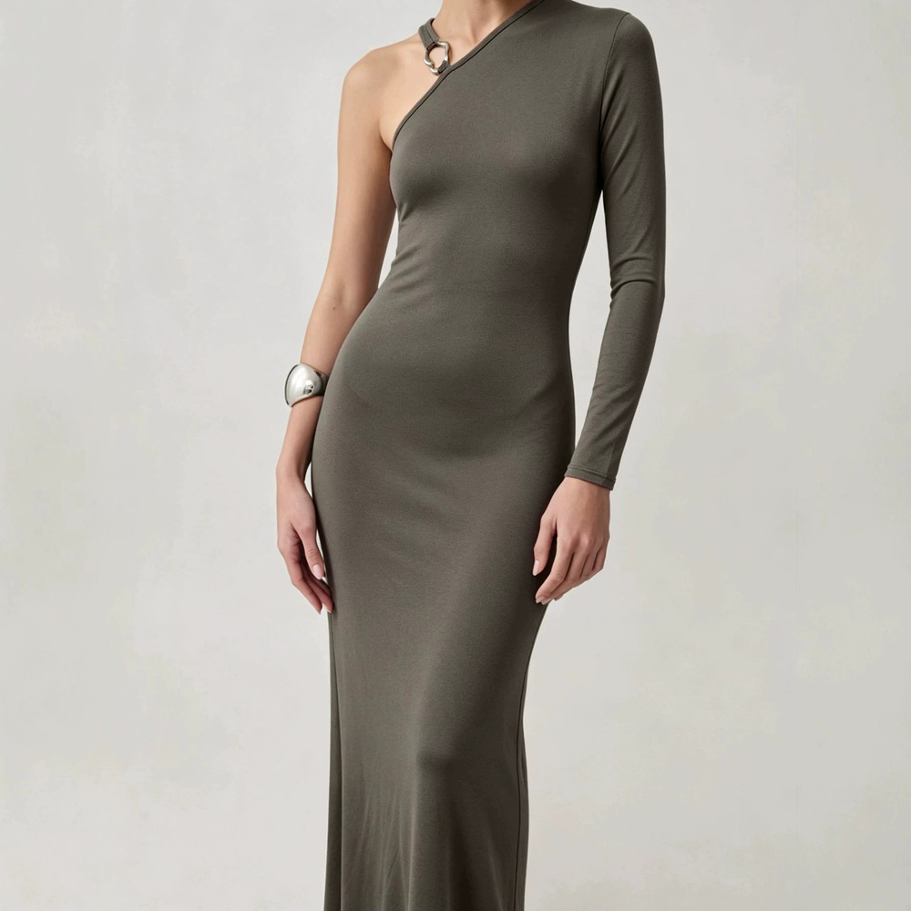 H&M Asymmetric One Shoulder Long Sleeve Fishtail Bodycon Dress Metal Button Sexy